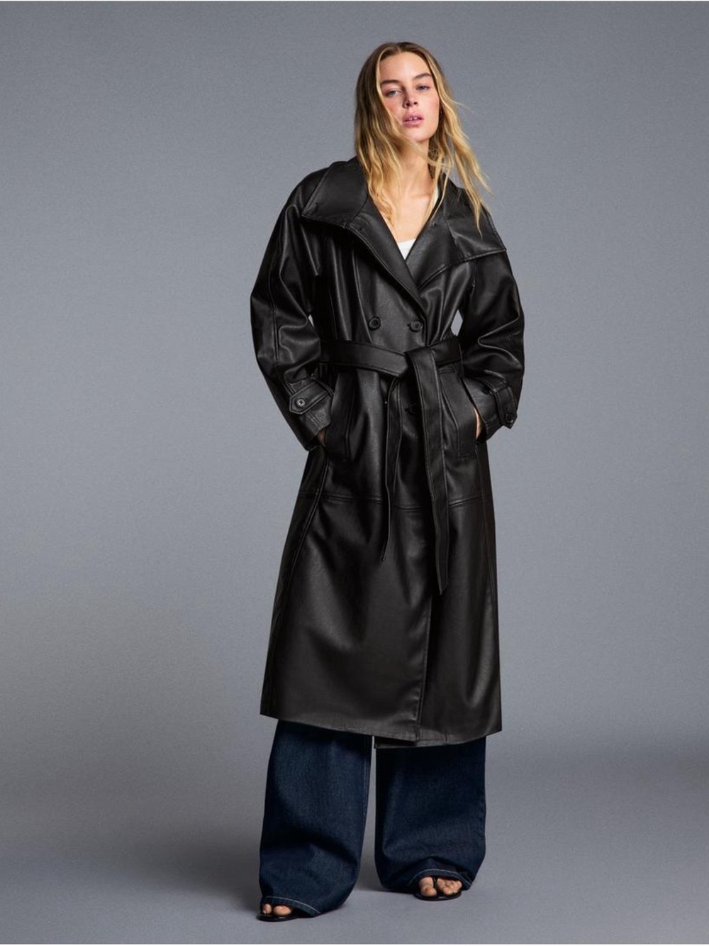 BERSHKA Black Oversized Faux-Leather Trench Coat with Belt
